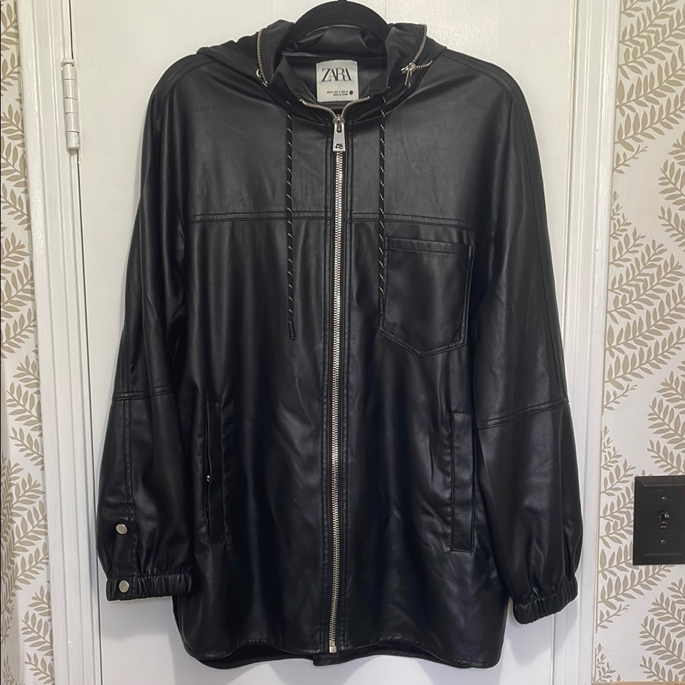 Zara Black Faux Leather Hooded Jacket